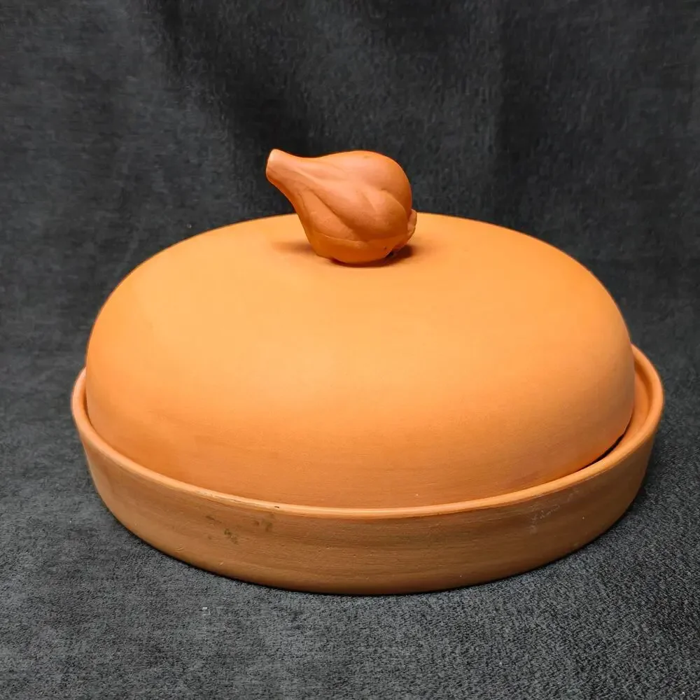 Vintage Ceramic Terra Cotta Garlic Roaster Baker Glazed Plate Dome 7